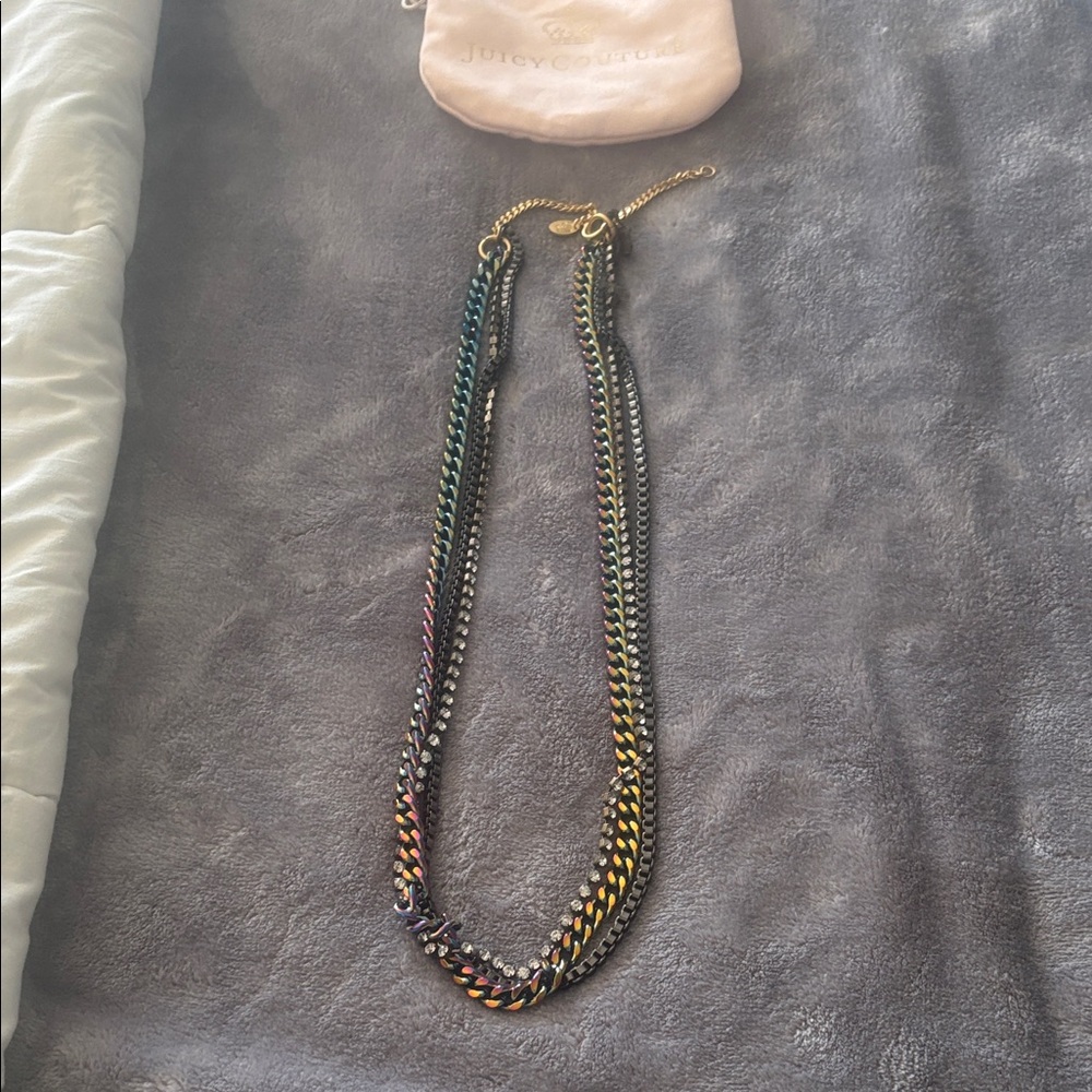 NWOT- Juicy Couture Rainbow Toned Multi-Chain Necklace in pouch